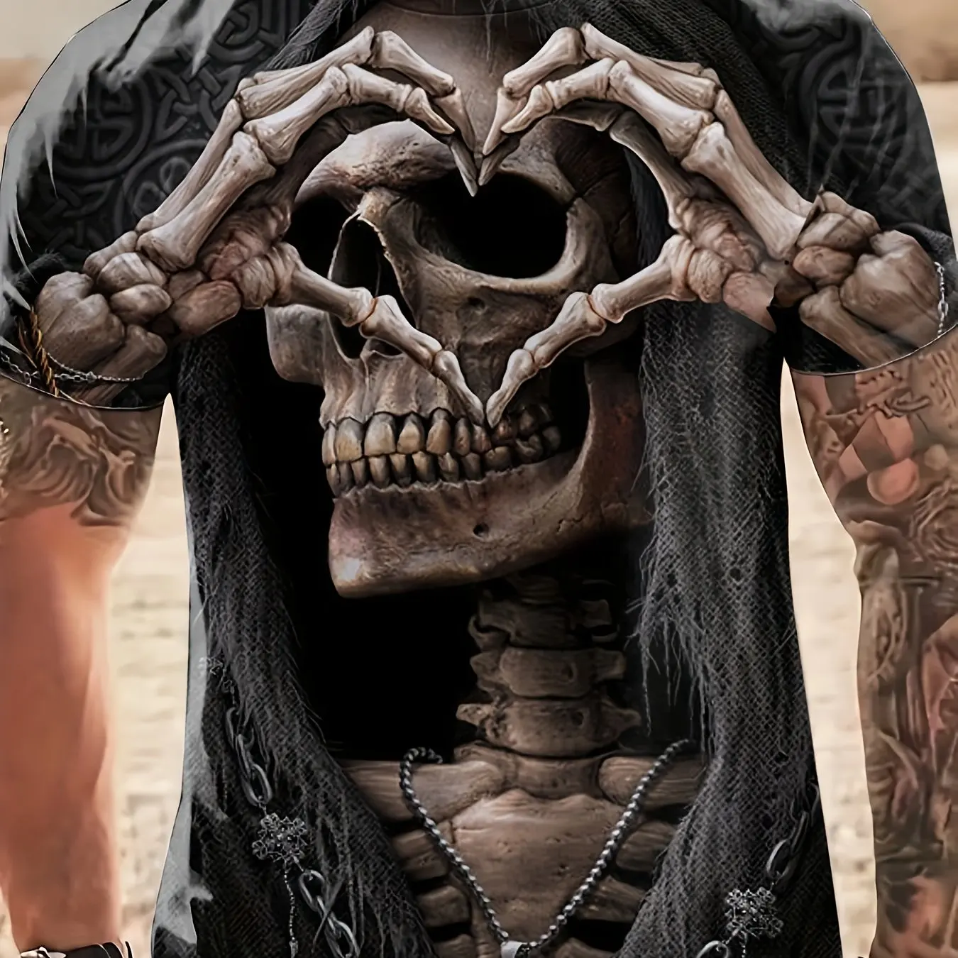 남성용 캐주얼 티셔츠, 고딕 해골 하트 핸드 그래픽 블랙 반팔 크루넥 티, 멋진 스트리트웨어, 할로윈 패션 탑