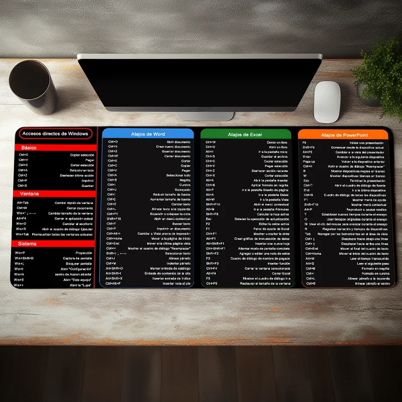 스페인어 Excel 단축키 패턴 대형 마우스 패드 사무실 책상 매트 컴퓨터 키보드 패드 스타터 사무원 학생을위한 선물