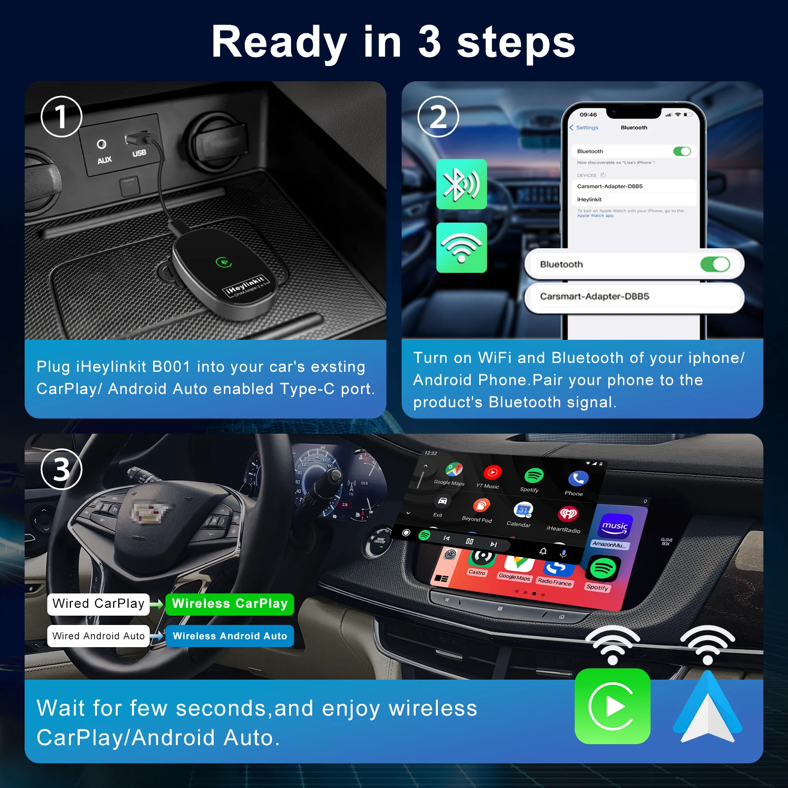IHeylinkit 무선 Carplay 안드로이드 자동 무선 어댑터 동글 활성제 대부분의 차량 모델에 대한 자동 연결 아연 합금 쉘