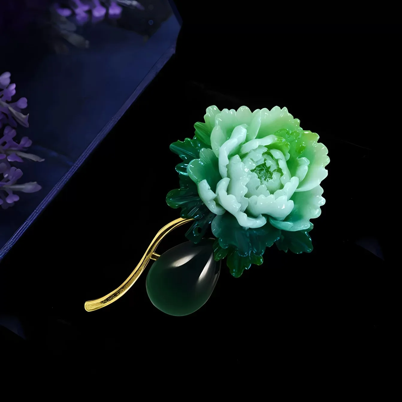 여자를위한 빈티지 수지 돌 녹색 모란 브로치 꽃 옷깃 핀 중국 스타일 파티 웨딩 정장 코트 쥬얼리 선물