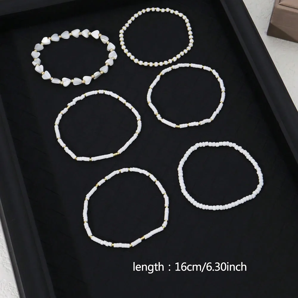발렌타인 선물 b082에 대 한 섬세 한 흰색 구슬 심장 & 쉘 수 제 페르시 탄성 다층 팔찌 6pcs 세트