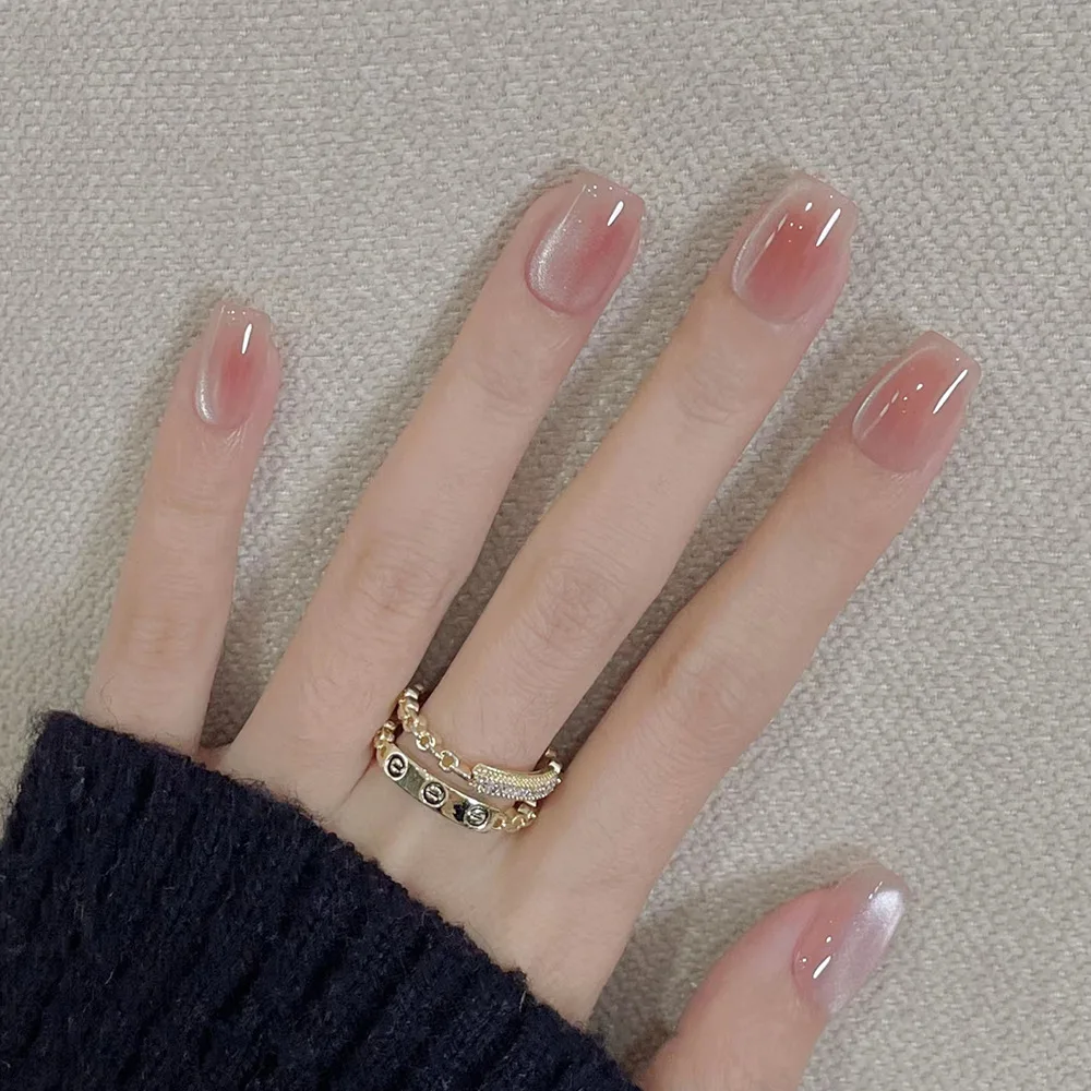 24Pcs 핑크 고양이 블루 사랑 거짓 손톱에 귀여운 짧은 발레 프레스 달콤한 프랑스 고양이 눈 활 스타 디자인 스타일 분리형 손톱 세트