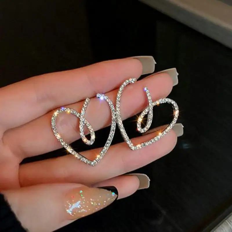 925 실버 바늘 여성용 지르콘 귀걸이, 한국 패션, 큰 크리스탈 하트 귀걸이, 여성용 쥬얼리, 2024 트렌드, 새로운 럭셔리