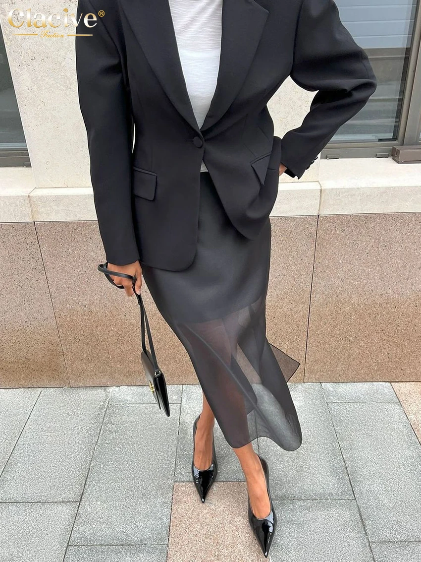 Clacive 패션 느슨한 Balck 여성 스커트 캐주얼 높은 허리 발목 길이 스커트 우아한 클래식 메쉬 스플 라이스 스커트 여성 의류