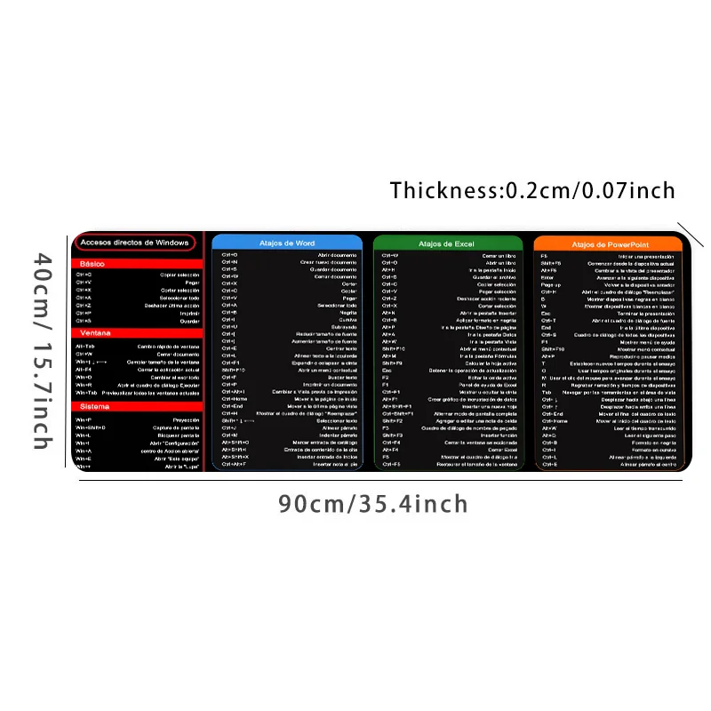 스페인어 Excel 단축키 패턴 대형 마우스 패드 사무실 책상 매트 컴퓨터 키보드 패드 스타터 사무원 학생을위한 선물
