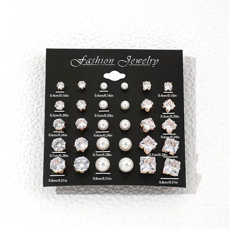남성과 여성 모두의 일상 착용에 적합한 레트로 진주 기하학 6개 발톱 크리스탈 지르콘 귀걸이 세트 15쌍