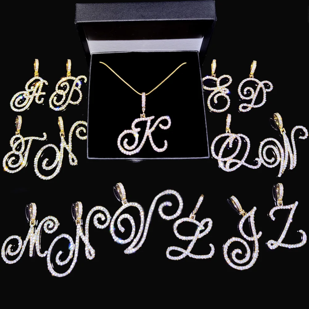 패션 26 필기체 초기 편지 지르콘 펜던트 목걸이 반짝 이는 크리스탈 알파벳 로프 체인 목걸이 힙합 쥬얼리