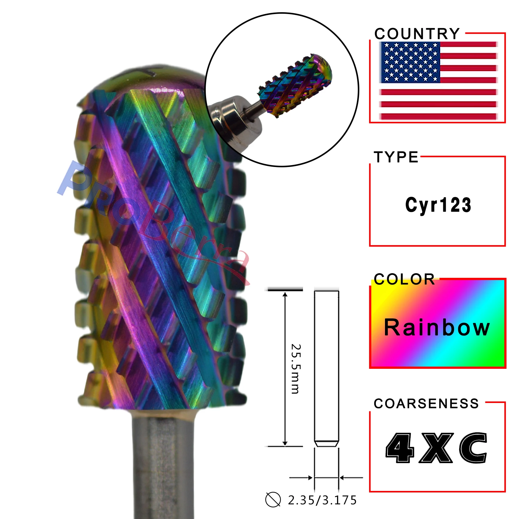 RolinStar 6.6 대형 배럴 4XC 골드 실버 다크 퍼플 블루 레인보우 로즈 골드 7 가지 색상 네일 드릴 비트 밀링