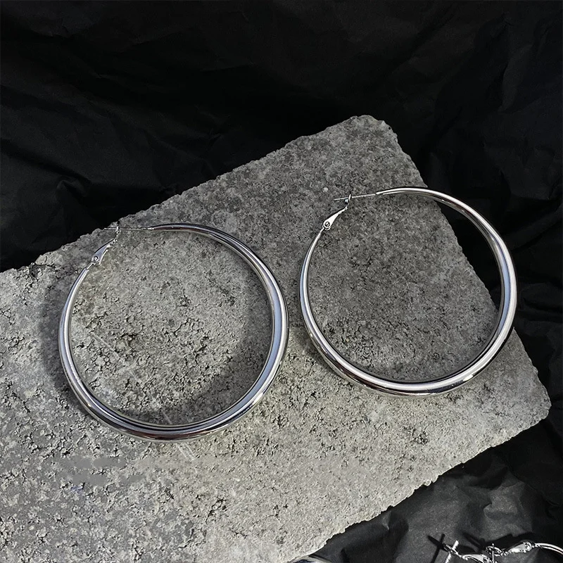 여성용 클래식 심플한 기하학적 원형 큰 스테인레스 스틸 후프 귀걸이, 과장된 원형 신부 귀걸이, 쥬얼리 액세서리