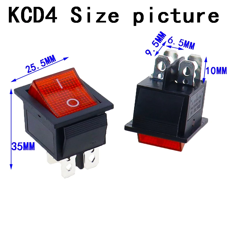 5pcs 2 위치 빨간불 로커 스위치 16A/250V KCD4-20 4 핀 ON/OFF 토글 스위치 35x25.5x10mm