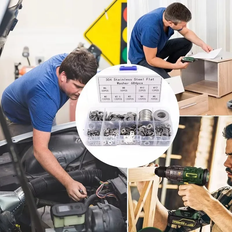 684/180PCS 스테인레스 스틸 나사 와셔 다기능 일반 와셔 가스켓 구색 키트 견고한 하드웨어 금속 와셔 M2-M12