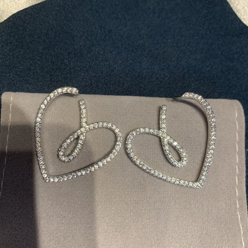 925 실버 바늘 여성용 지르콘 귀걸이, 한국 패션, 큰 크리스탈 하트 귀걸이, 여성용 쥬얼리, 2024 트렌드, 새로운 럭셔리
