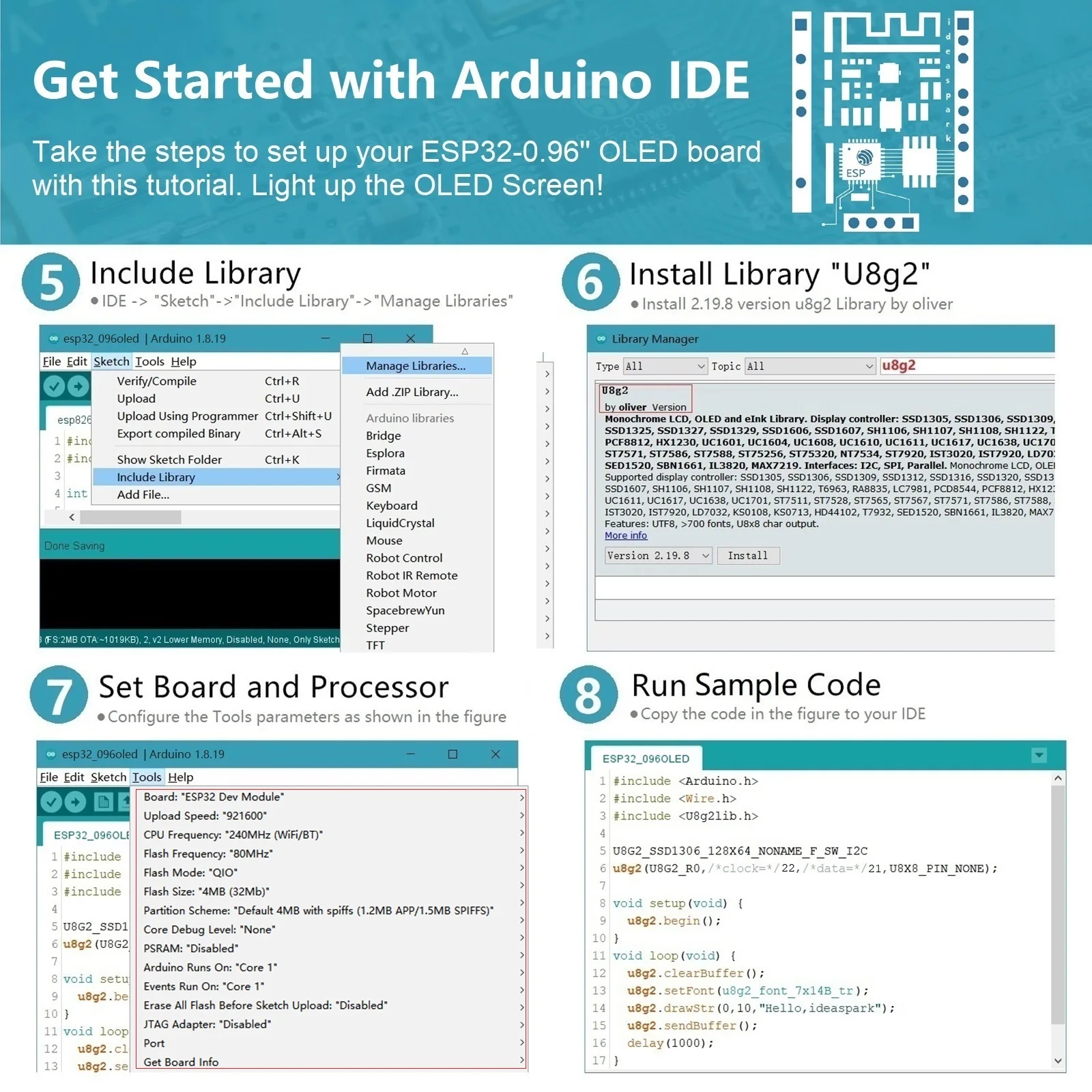 아이디어스파크 ®   0.96인치 OLED 디스플레이, CH340, WiFi+BLE 무선 모듈, Arduino/Micropython용 마이크로 USB를 갖춘 ESP32 개발 보드