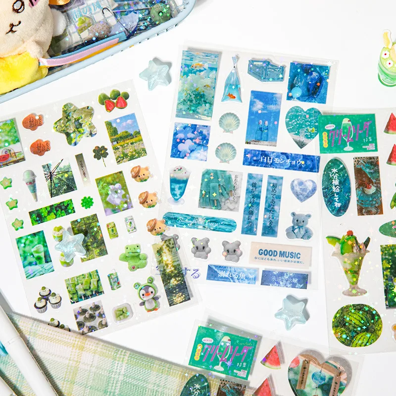 6pcs 반짝이 스티커 Y2K DIY Toploader Scrapbooking 저널 장식 스티커 전화 Kawaii 투명 애완 동물 스티커 선물