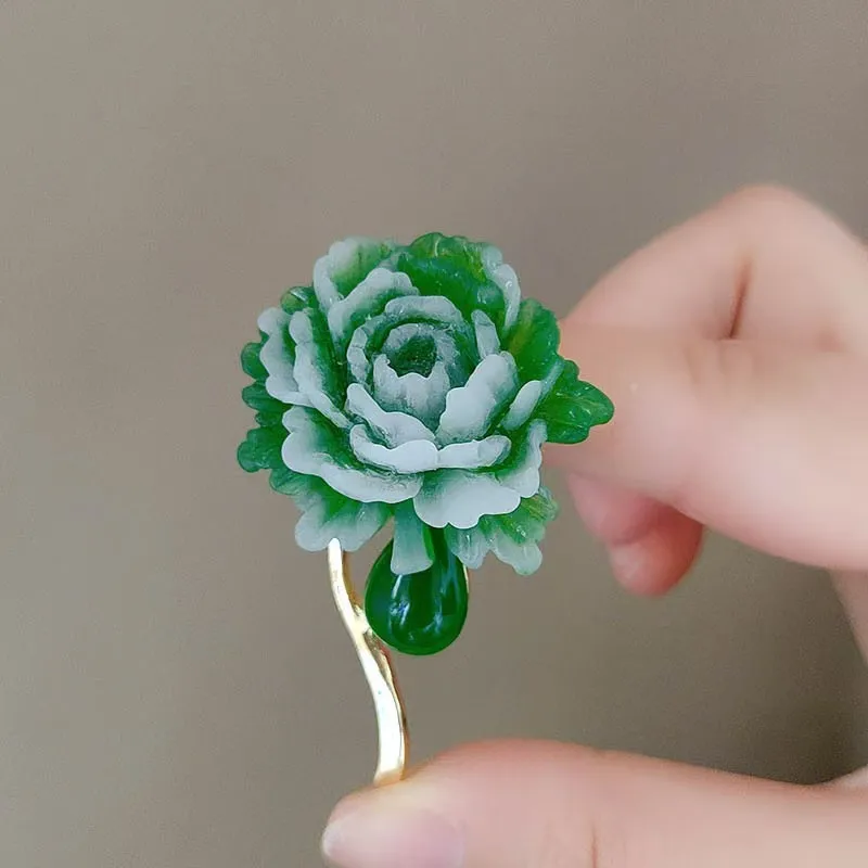여자를위한 빈티지 수지 돌 녹색 모란 브로치 꽃 옷깃 핀 중국 스타일 파티 웨딩 정장 코트 쥬얼리 선물