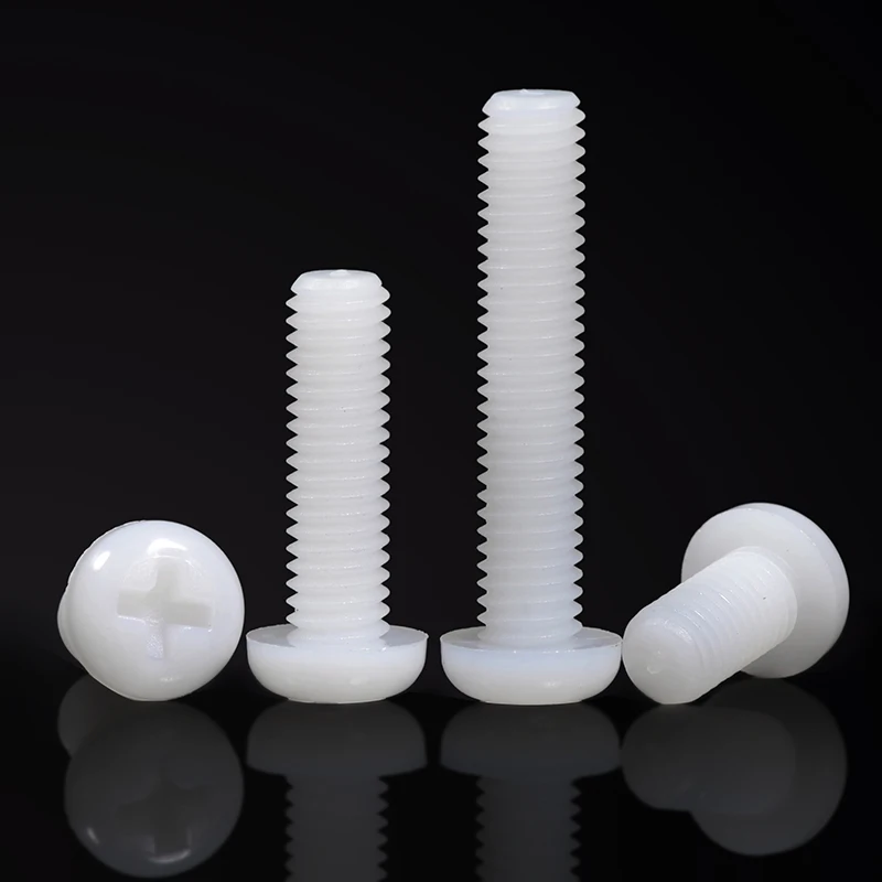 10/ 20/ 50pcs 검정 흰색 나일론 플라스틱 필립스 팬 헤드 크로스 라운드 나사 볼트 M2 M2.5 M3 M4 M5 M6 M8 길이 4-50mm