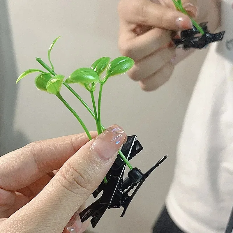 2025 새로운 간단한 한국어 녹색 새싹 잔디 헤어 클립 식물 콩 머리 여자를위한 귀여운 머리핀 여자 헤어 식물 액세서리 선물