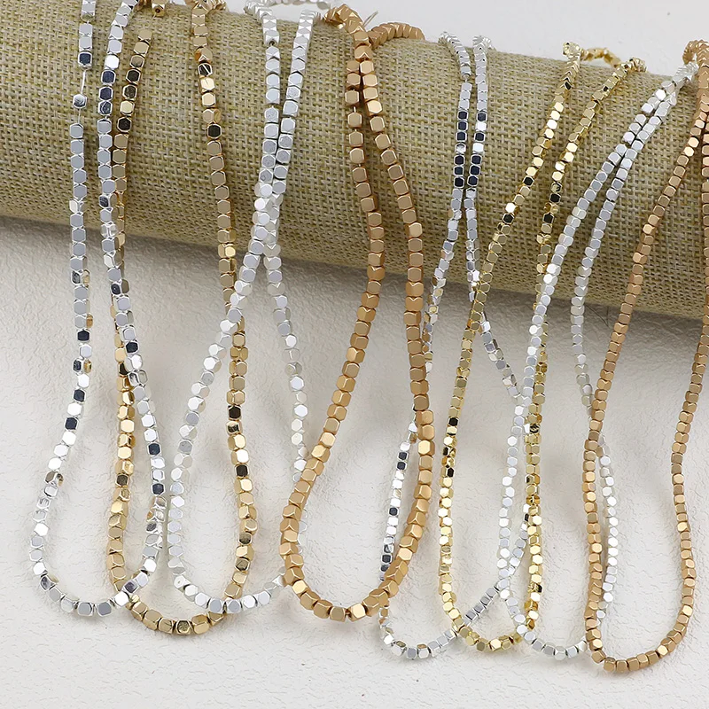 2mm 3mm 스퀘어 스톤 비드 매트 도금 골드 실버 로즈 컬러 적철광 루즈 비즈 쥬얼리 만들기 팔찌 DIY 액세서리