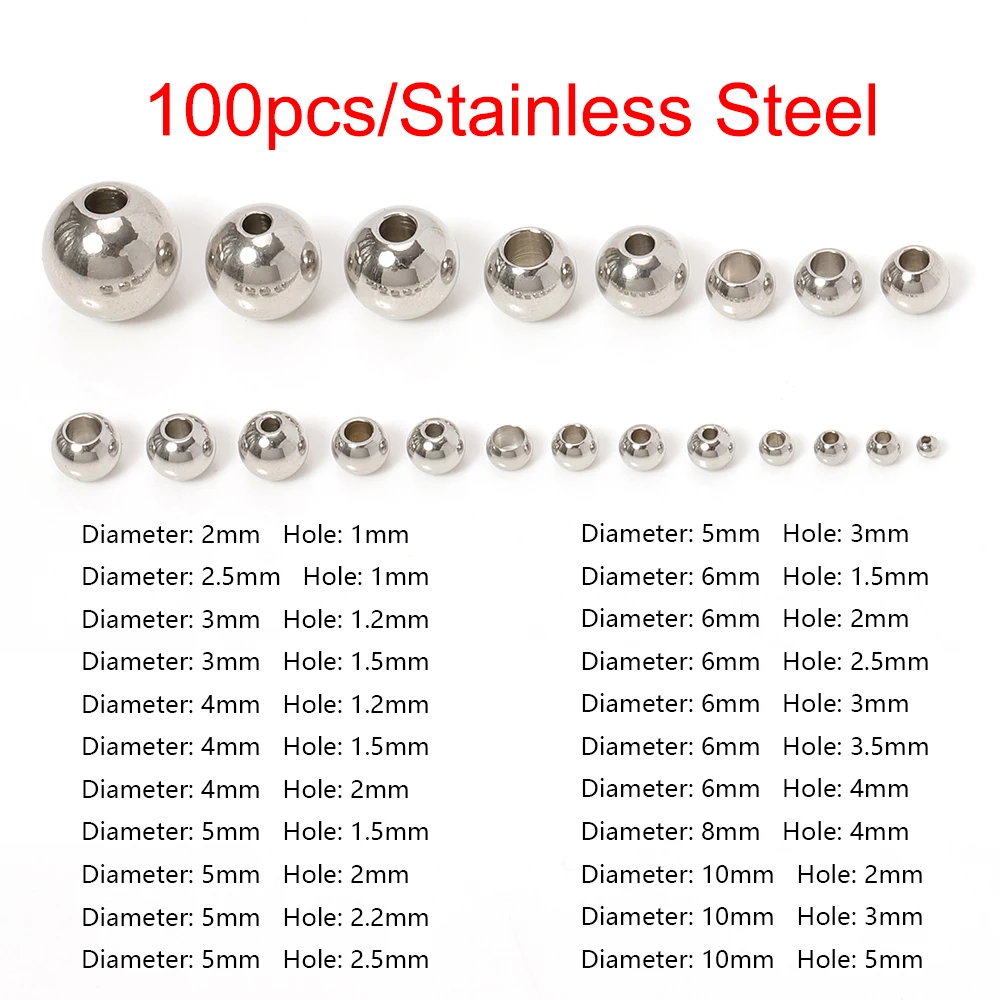 100pcs 3/4/5/6/8/10mm 실버 스테인레스 스틸 스페이서 비즈 느슨한 공 큰 구멍 1.2-5mm 매력 팔찌 쥬얼리 만들기