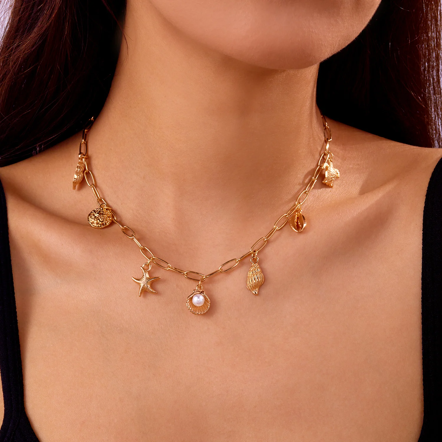 보헤미안 불가사리 쉘 조가비 거북이 펜던트 목걸이 여성을위한 모조 진주 매력 체인 목걸이 비치 쥬얼리 휴가 선물