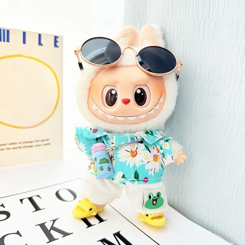 1 세트 Labubu V1 V2 용 하와이 오리지널 럭셔리 옷 귀여운 상어 오리 신발 셔츠 바지 안경 Labubu 용 비치 복장