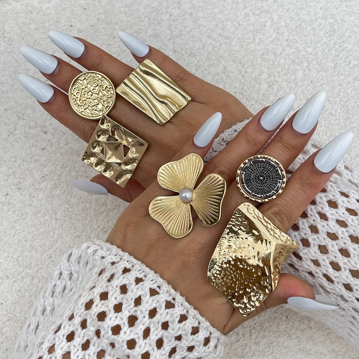 SHIXIN 여성을위한 크리 에이 티브 불규칙한 기하학적 인 사각형 라운드 오픈 반지 힙합 골드 컬러 조절 링 손가락 쥬얼리 2025 새로운