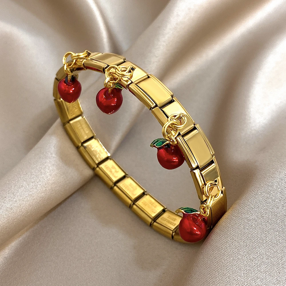 기하학 사각형 스테인레스 스틸 탄성 스트랩 팔찌 여성을위한 딸기 체리 애플 펜던트 팔찌 핸드 쥬얼리