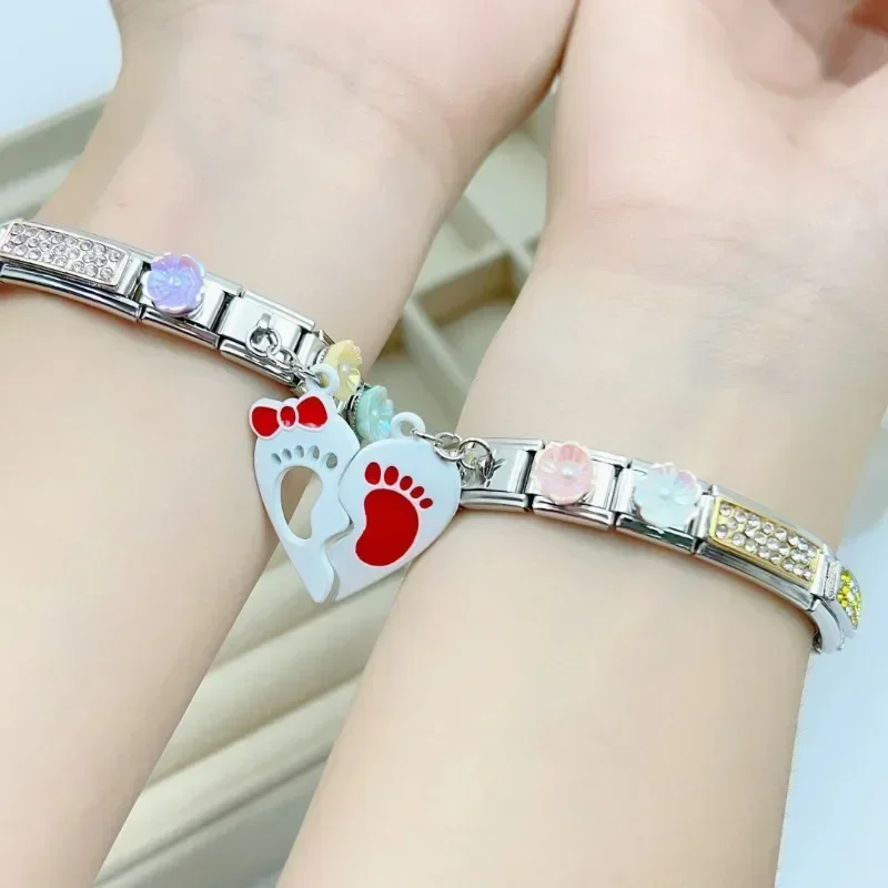 2025 새로운 여성 금색과 은색 사랑 커플 이탈리아어 매력 탄성 링크 맞는 9mm 스테인레스 스틸 모듈 형 팔찌 쥬얼리