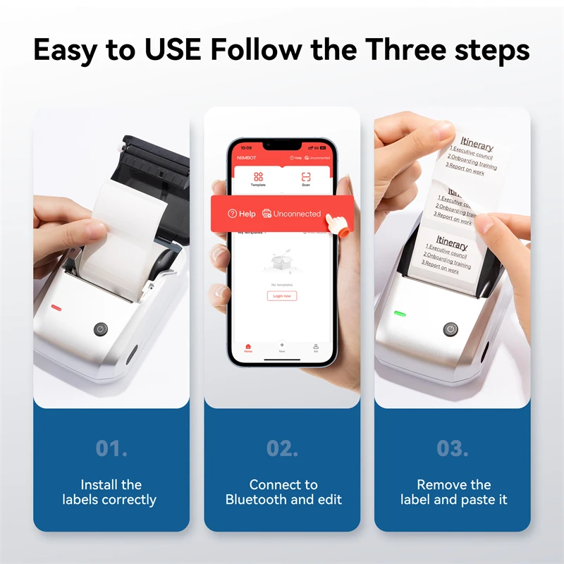 NIIMBOT B1 테이프가있는 휴대용 열전 사 프린터 2 인치 접착 라벨 프린터 미니 블루투스 스티커 메이커 지원 스마트 폰 PC