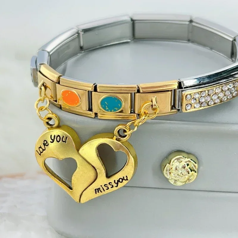 2025 새로운 여성 금색과 은색 사랑 커플 이탈리아어 매력 탄성 링크 맞는 9mm 스테인레스 스틸 모듈 형 팔찌 쥬얼리