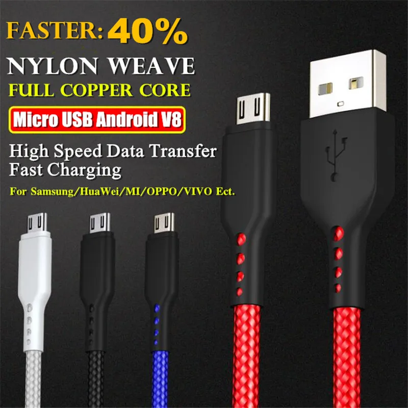 유형 C 마이크로 USB 안드로이드 V8 데이터 케이블 나일론 직조 삼성/HuaWei/MI/OPPO/MP3용 전체 구리 코어 고속 충전 및 전송 케이블
