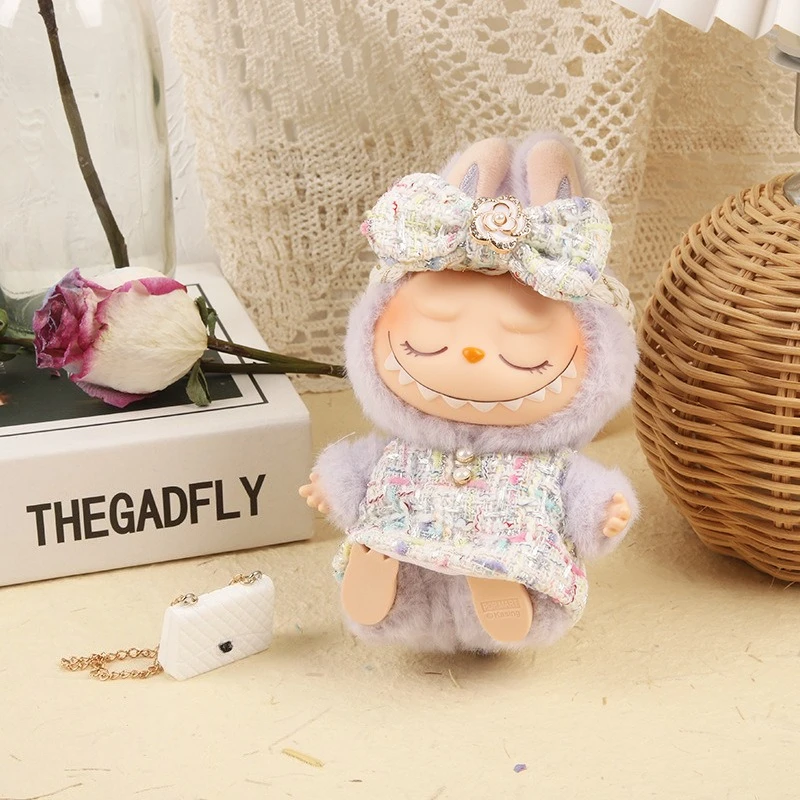 17cm Labubu 아이돌 인형 럭셔리 의류 복장 블랙 드레스 세트 Labubu V1V2 미니 DIY 인형 의류 가방 신발 액세서리