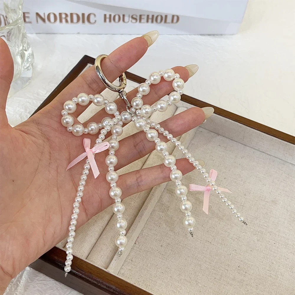 화이트 펄 원단 나비 매듭 키체인, 귀여운 스위트 자동차 전화 가방, 걸이식 체인 키링, 친구 선물 액세서리, 새로운 패션