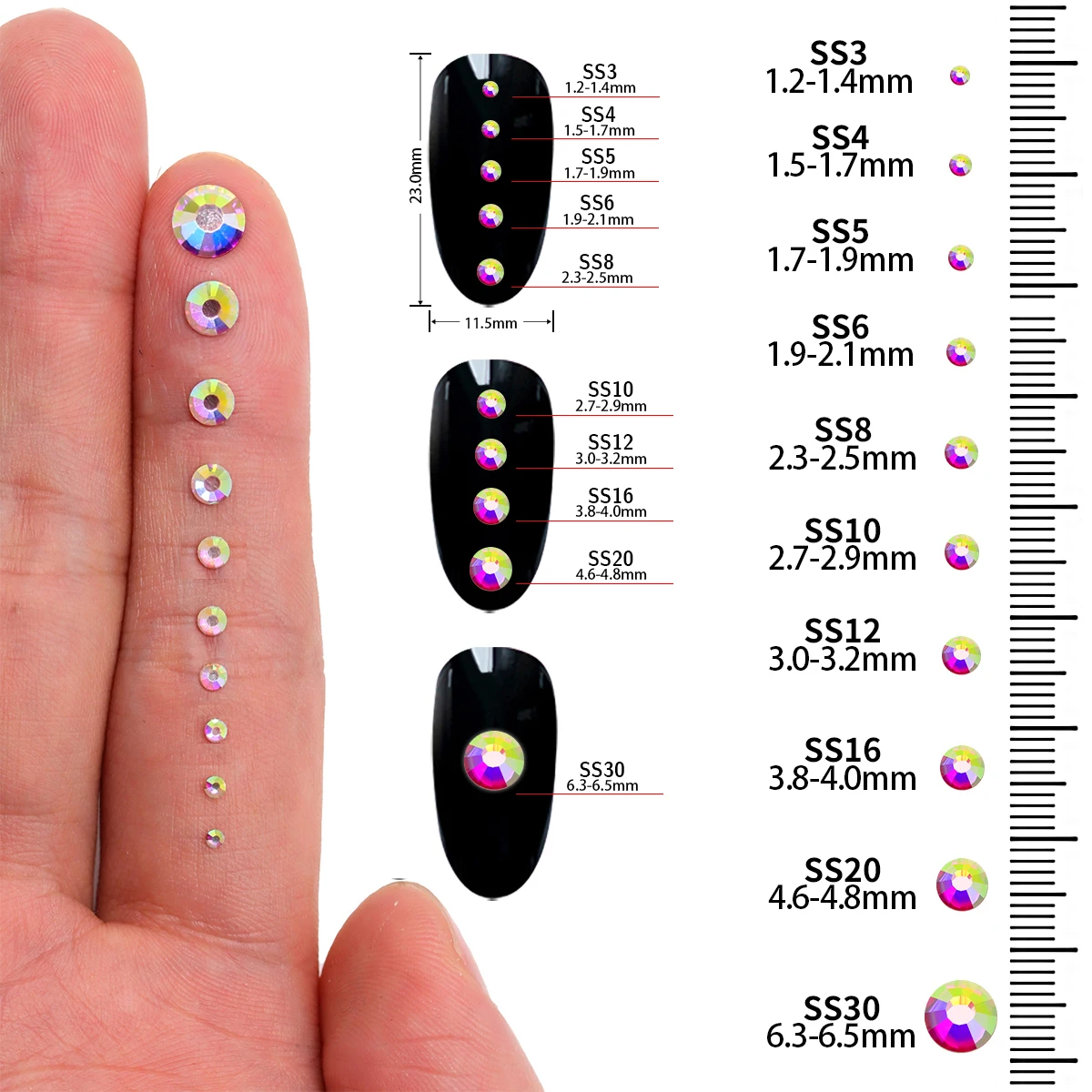 SS3-SS20 믹스 크기 반짝이 유리 라운드 라인 석 실버 바닥 비 핫픽스 네일 아트 의류 장식을위한 작은 크기 크리스탈