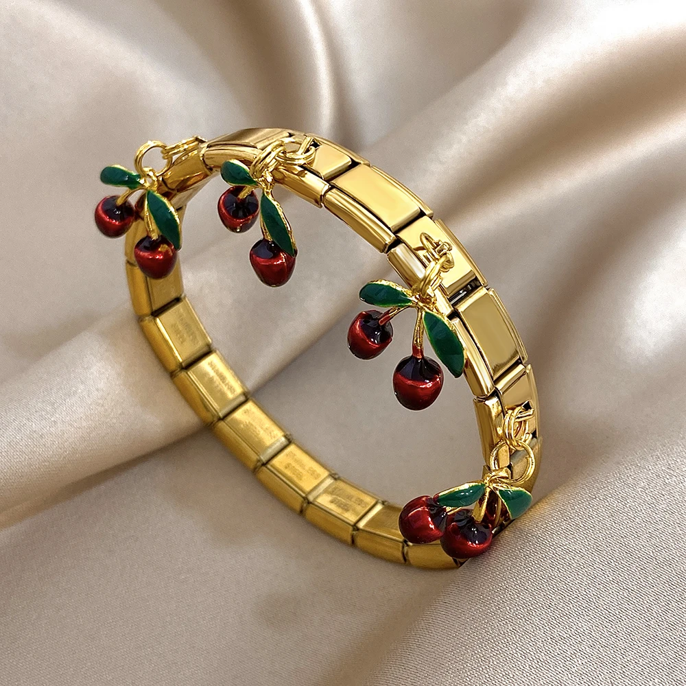 기하학 사각형 스테인레스 스틸 탄성 스트랩 팔찌 여성을위한 딸기 체리 애플 펜던트 팔찌 핸드 쥬얼리