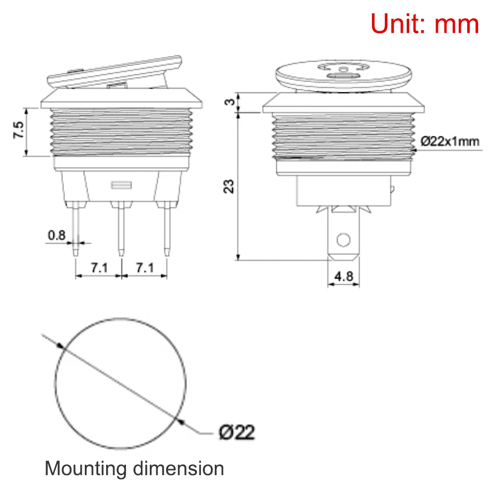 22mm 금속 버튼 로커 스위치 스테인레스 스틸 12V 20A 자동 잠금 2 위치 자동차 토글 스위치 ON-OFF 220V 15A 3 핀