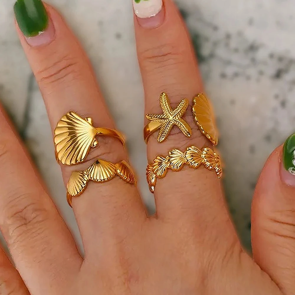 여성을위한 빈티지 쉘 반지 골드 컬러 스테인레스 스틸 쉘 반지 손가락 결혼식 성명 여름 바다 보석 선물 BFF
