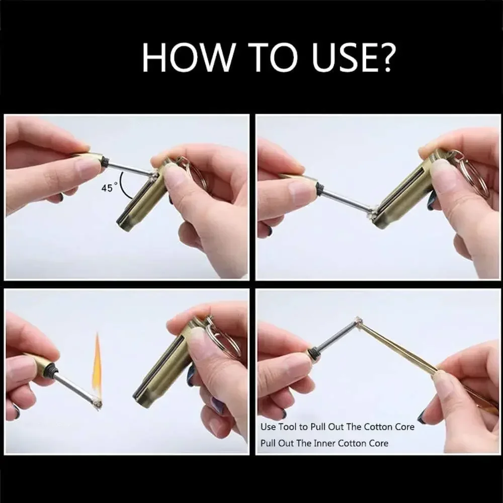 금속 키 체인 일치 라이터, 휴대용 레트로 방수 라이터, 긴급 생존 장비 라이터 바베큐 캠핑 선물