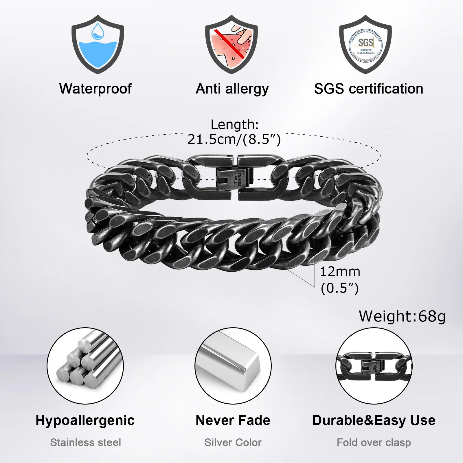 골드 컬러 망 쿠바 체인 팔찌, Chunky 8/10/12/15mm 방수 스테인레스 스틸 링크 팔찌 선물 쥬얼리, 19cm /21.5cm