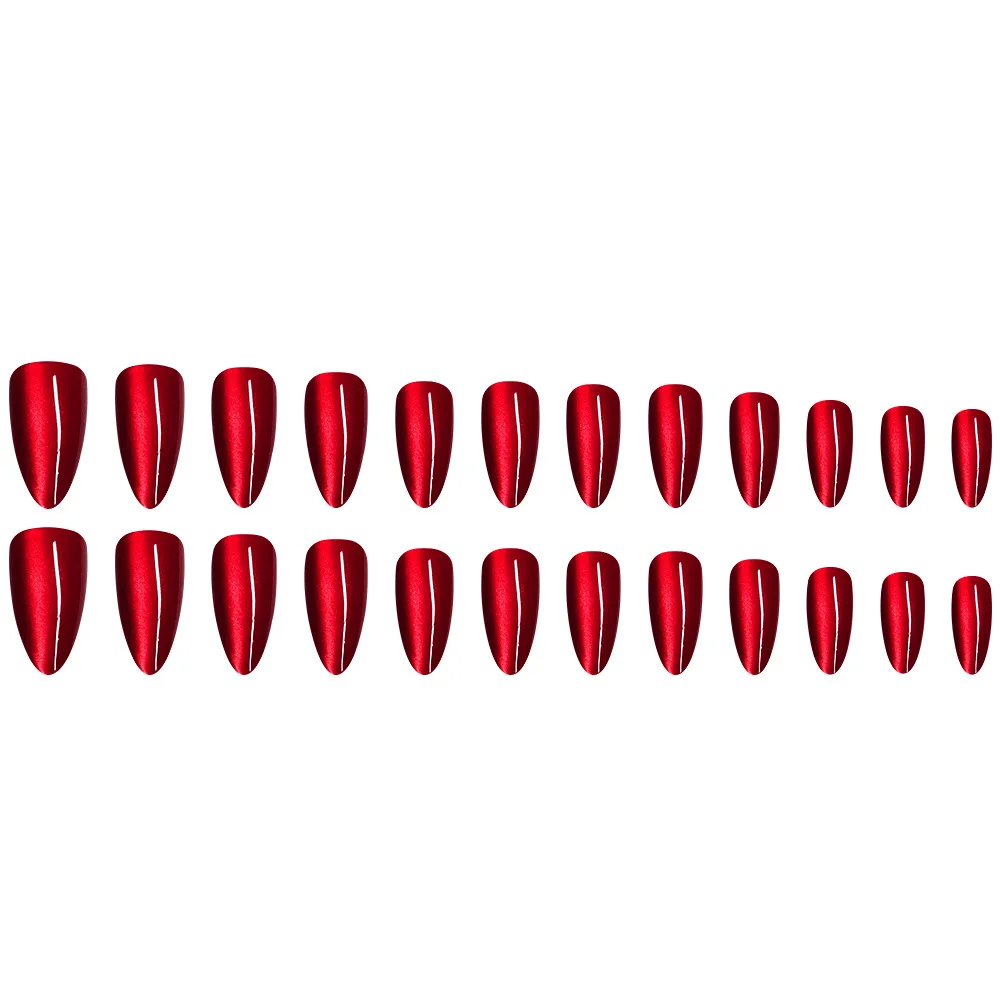 24pcs 손톱에 광택 빨간 고양이 눈 프레스 전체 커버 누드 컬러 웨어러블 아몬드 거짓 손톱 매력 소녀를위한 분리형 가짜 손톱