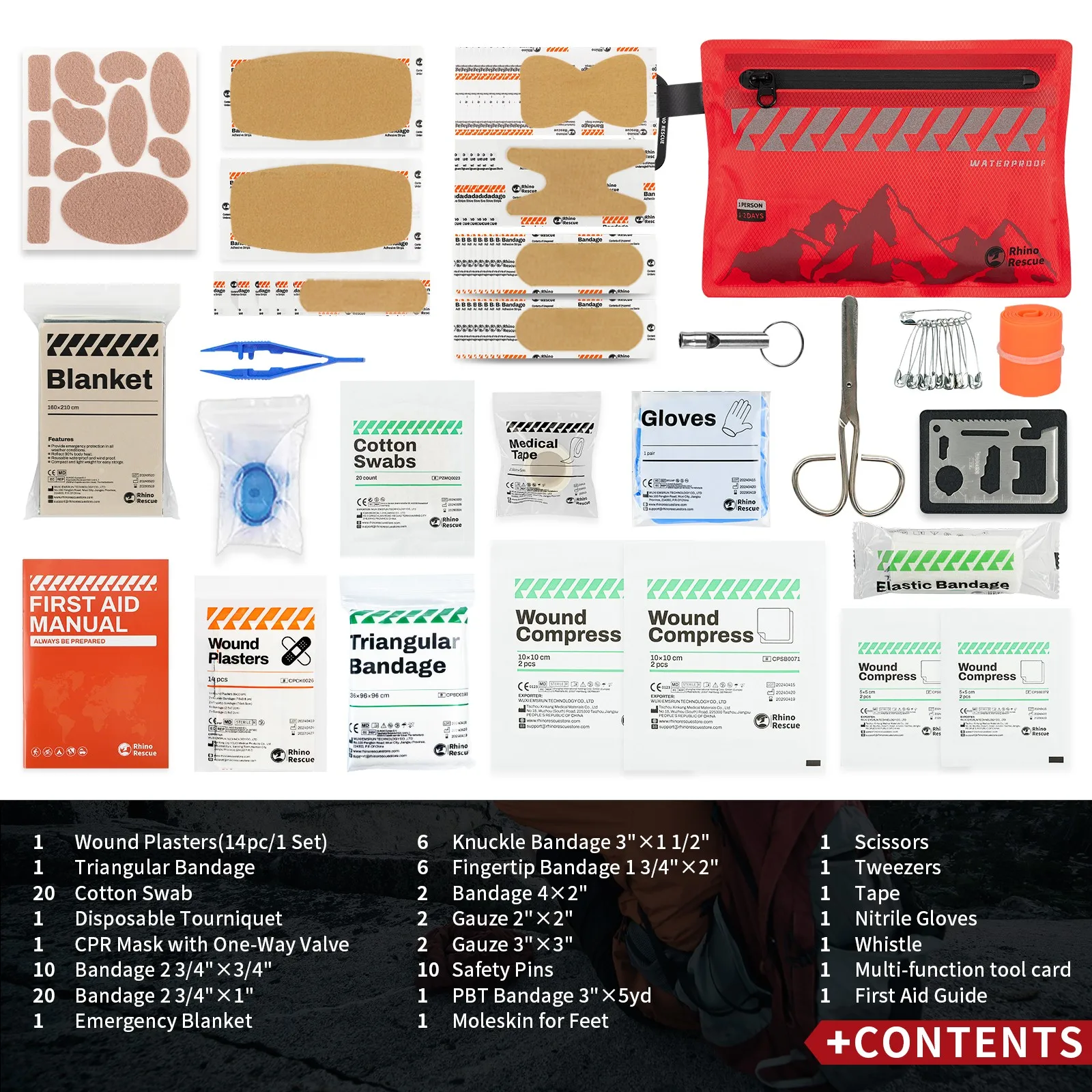 소형 응급 처치 키트 RHINO RESCUE 하이킹 캠핑 배낭 사이클링 여행 차량용 초경량 방수 의료 키트 105PC