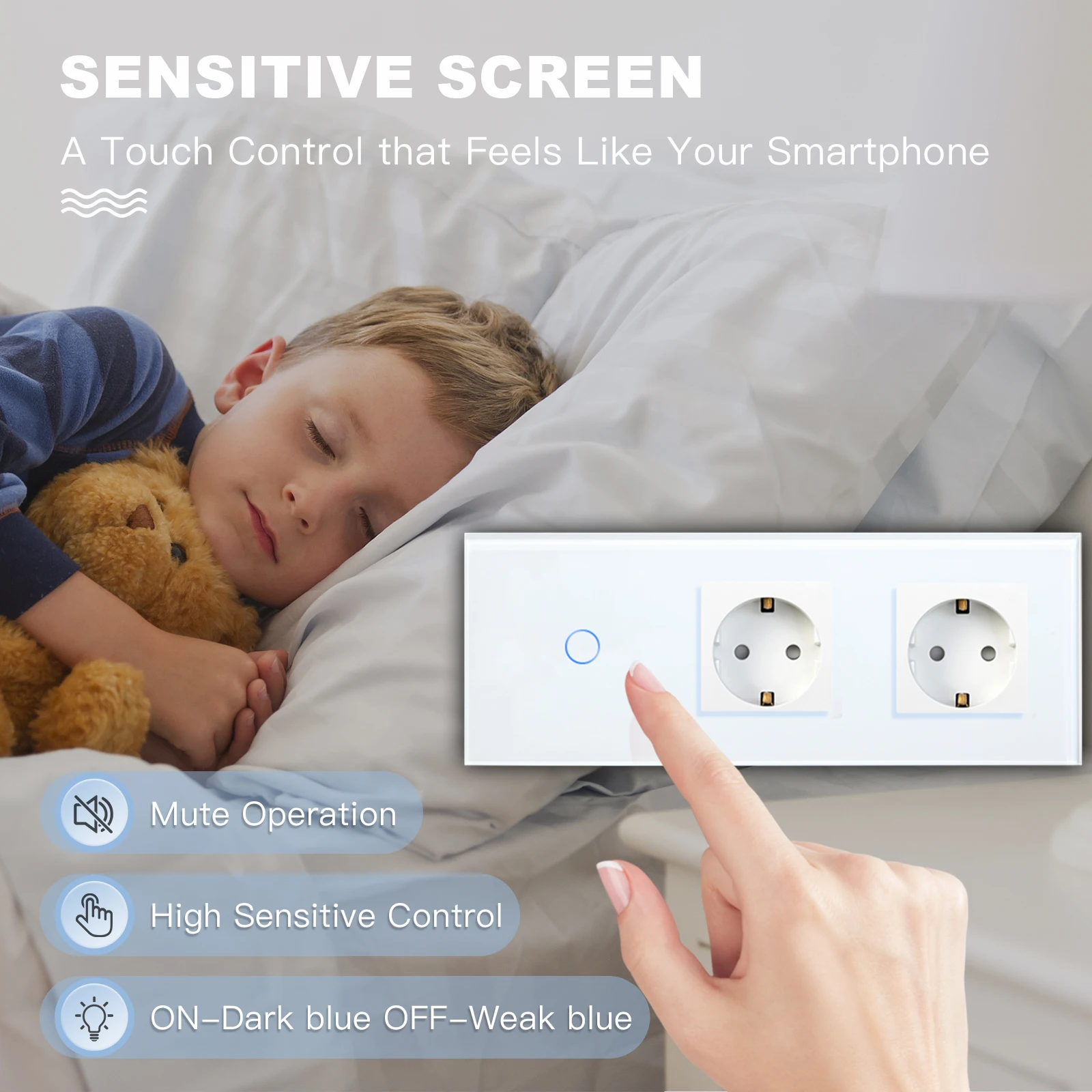 BSEED 1/2/3Gang 터치 라이트 스위치 1Way 단순 센서 스위치 유형-c USB 소켓 EU 표준 유리 패널 파란색 백라이트 10A 흰색