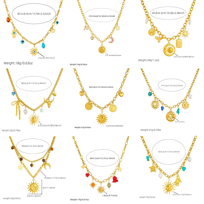 DIEYURO 316L 스테인레스 스틸 골든 트렌디 불가사리 문 태양 모양의 펜던트 목걸이 여성을위한 로맨틱 넥 체인 휴일 선물