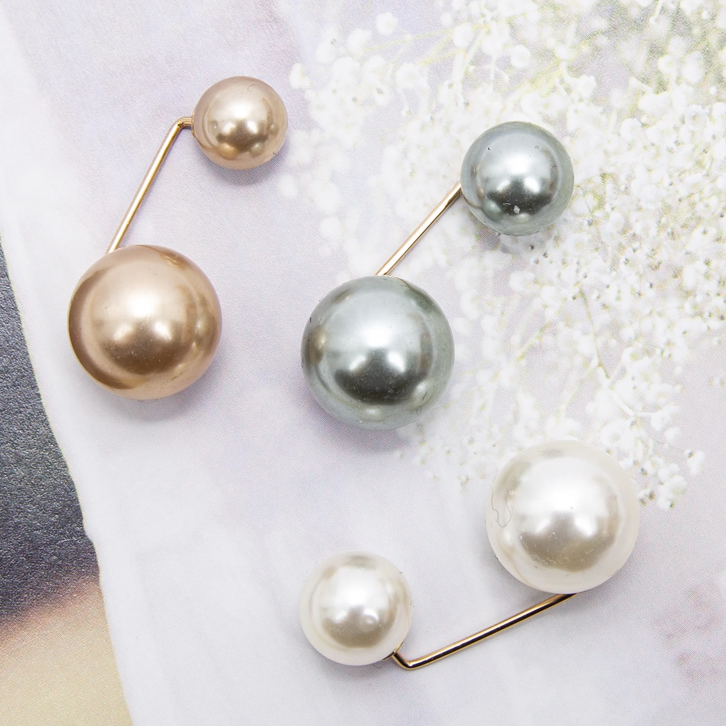 3 개/대 새로운 여성 허리띠 핀을 조이는 더블 진주 브로치 금속 옷깃 핀 스웨터 셔츠 카디건 브로치 액세서리