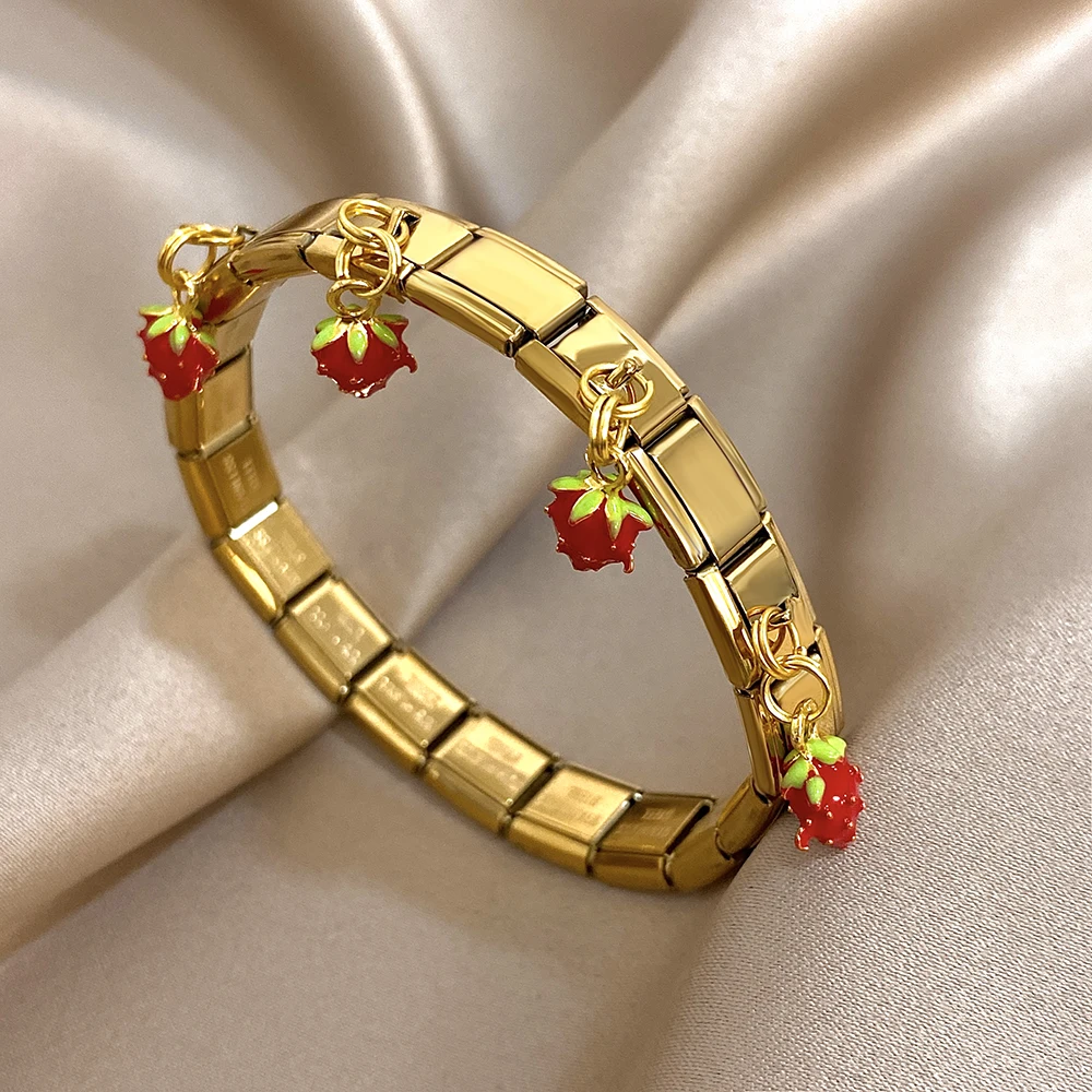 기하학 사각형 스테인레스 스틸 탄성 스트랩 팔찌 여성을위한 딸기 체리 애플 펜던트 팔찌 핸드 쥬얼리