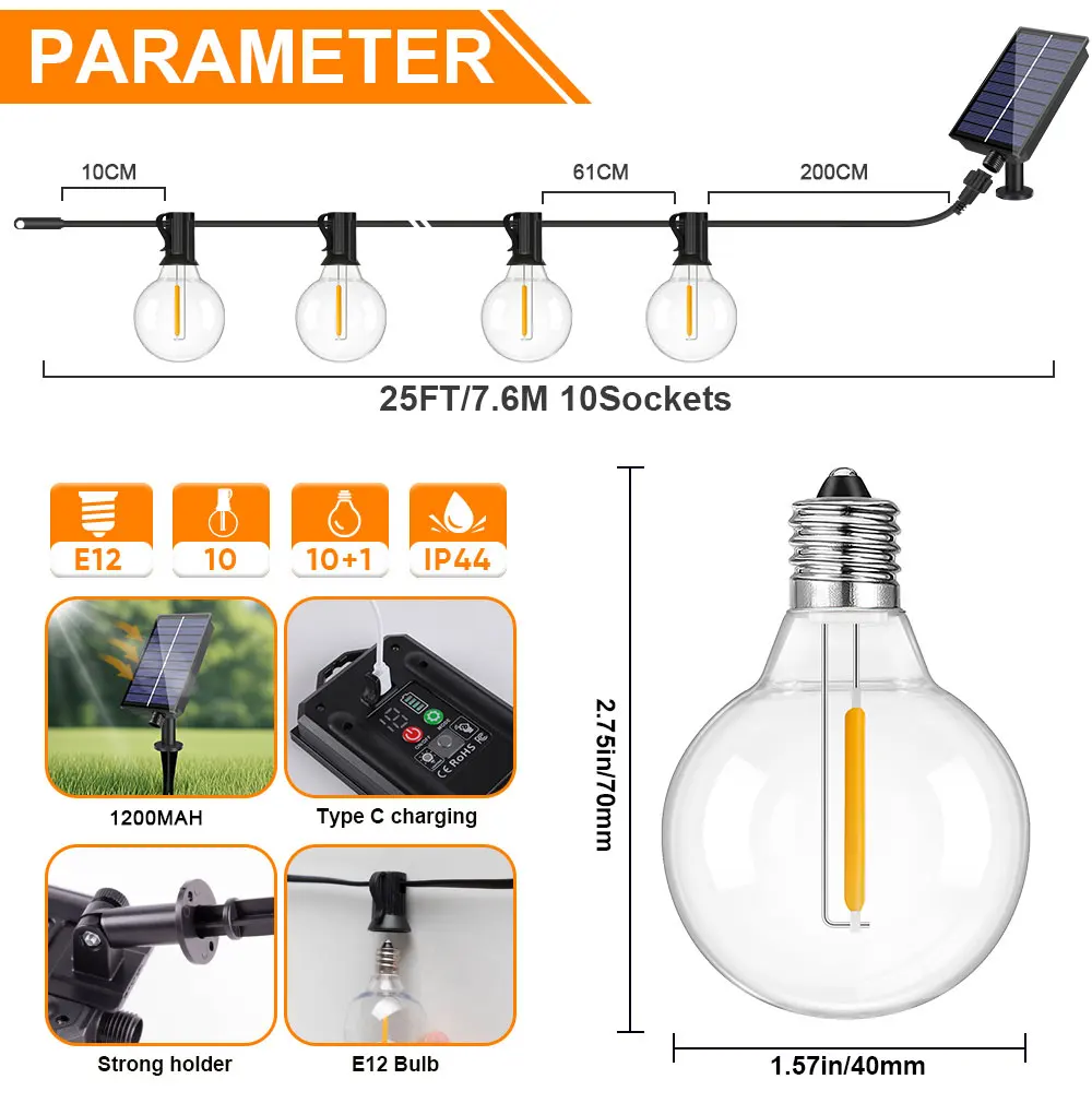 G40 야외 태양 문자열 빛 갈 랜드 LED 태양 문자열 조명 24V 글로브 방수 매달려 조명 정원 뒷마당 카페