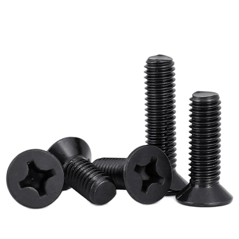 100 개/몫 M1 M1.2 M1.4 M1.6 M1.7 M2 M2.5 M3 M3.5 M4 M5 KM 미니 소형 검정색 강철 KM 필립스 플랫 카운터 싱크 헤드 나사 볼트