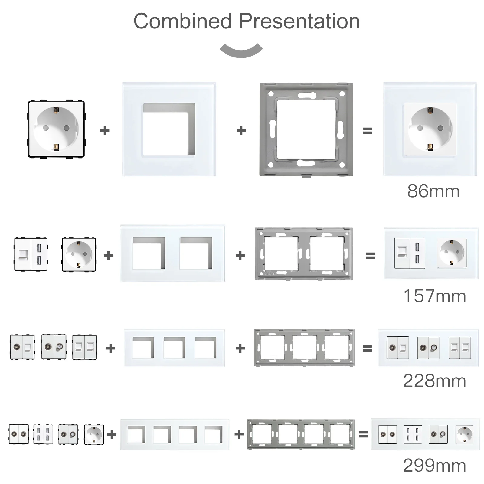 BSEED 흰색 유리 패널 인터넷 소켓 TV ST CAT5 RJ45 기능 부품 더블 USB 소켓 EU 벽 플러그 DIY 무료 조합