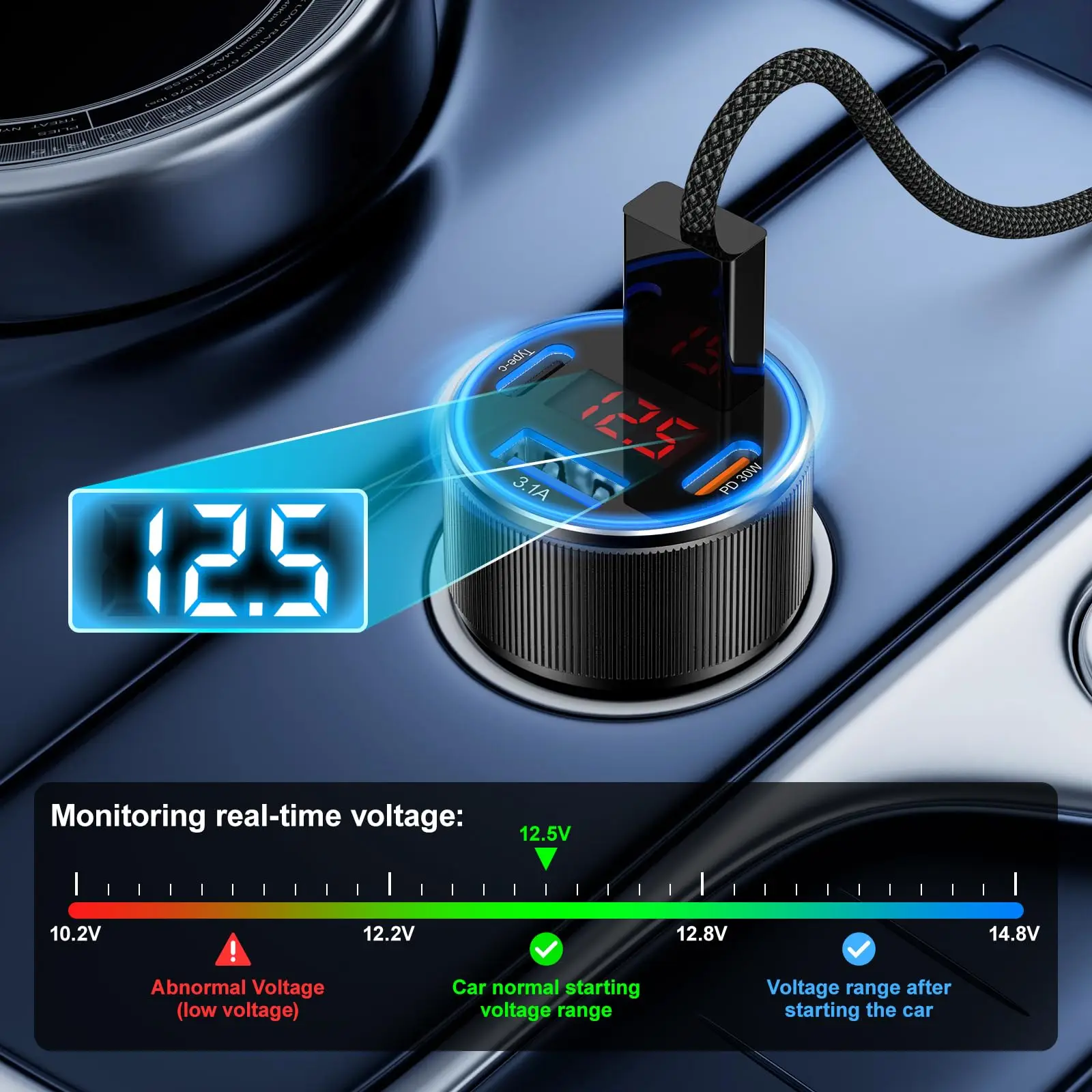 6-in-1 차량용 충전기 어댑터, USB PD 타입 C 케이블, 아이폰 고속 충전 코드, 시가잭 QC 디스플레이, 차량 내부 액세서리, 스마트폰 호환, 디지털 전압계 포함, 자동차용 멀티 충전기