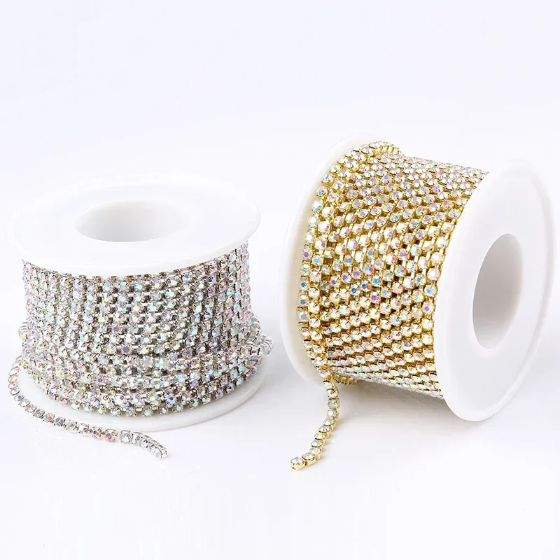 AAA 등급 SS4.5-SS18(1.5mm-4.5mm) 클리어 크리스탈 AB 고밀도 라인 석 컵 체인 슬리버/로즈 골드 클로 스트 라스 라인 석 체인 트림